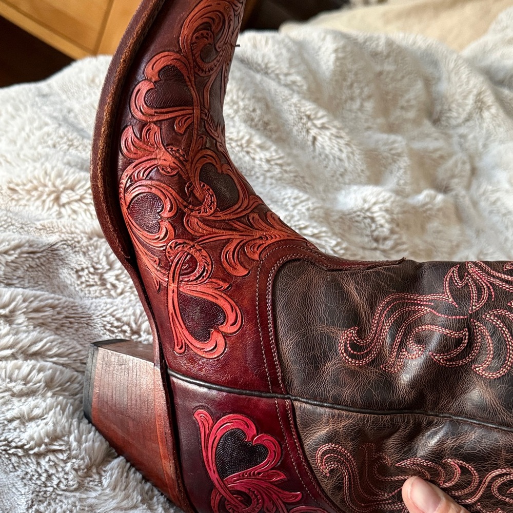 Tony Lama Dark Brown and Red Embroidered Heeled Boots - Picture 4 of 5